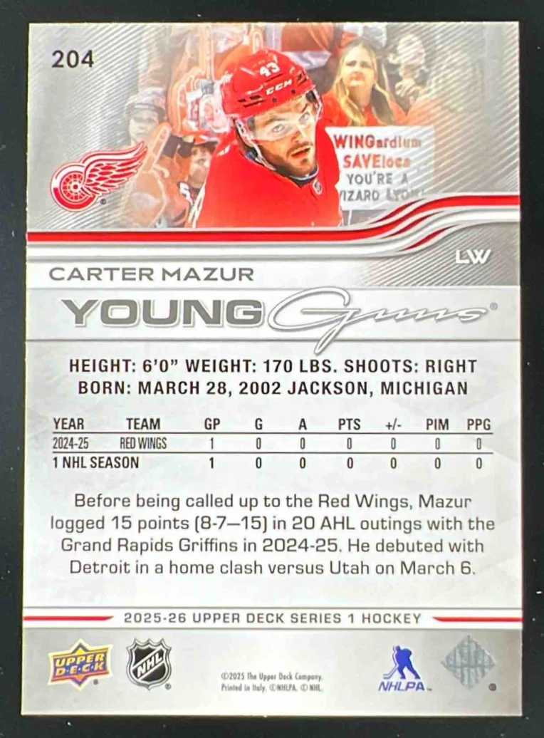 2025 Upper Deck Series 1 #204 Carter Mazur Young Guns RC - Image 2