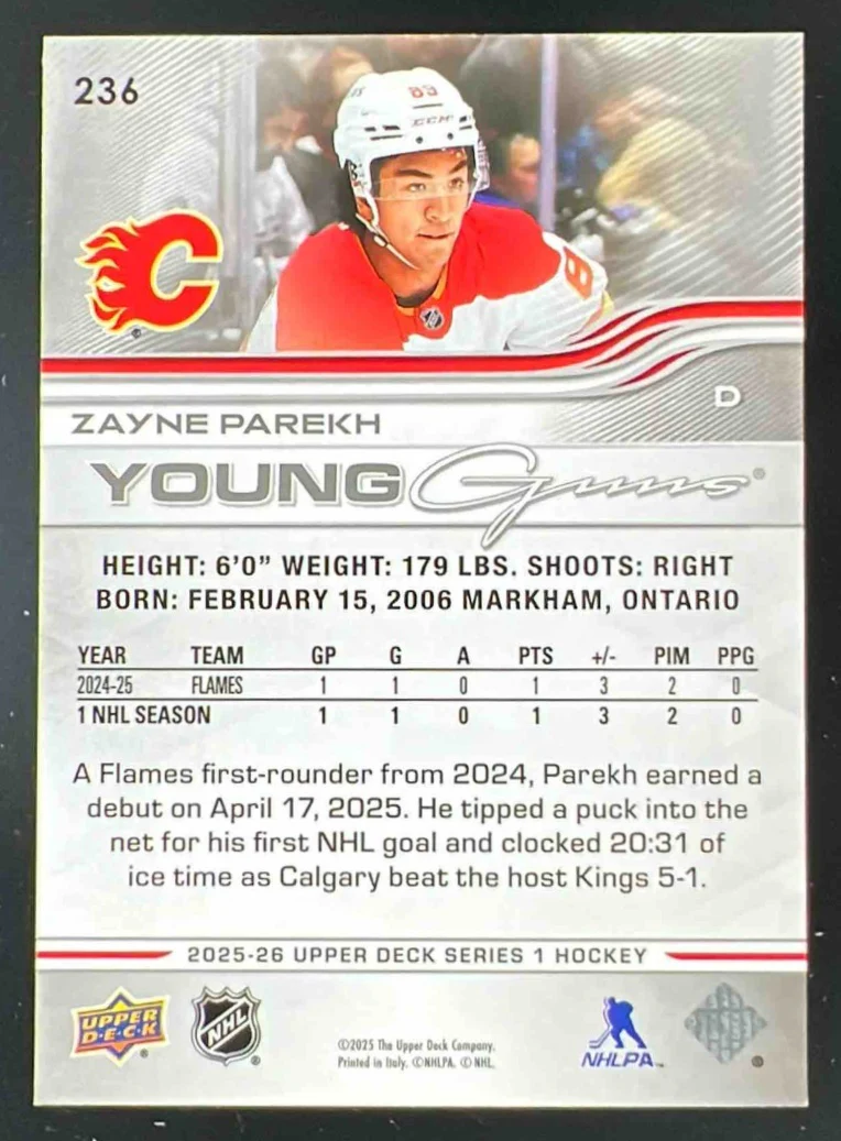 2025 Upper Deck Series 1 #236 Zayne Parekh Young Guns RC - Image 2