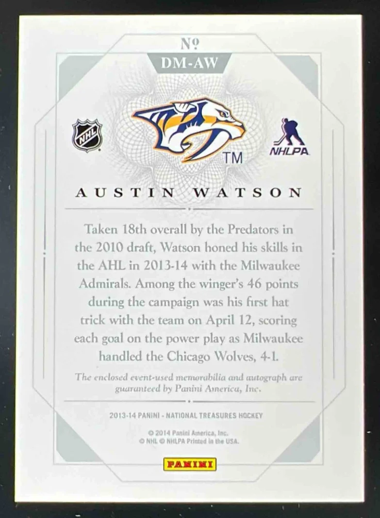 2013-14 National Treasures Dual Memorabilia Auto Austin Watson RC - Image 2