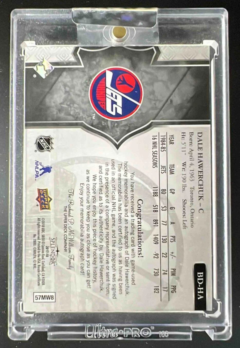 2017-18 Upper Deck Splendor Bordered Relic Silver #BD-HA Dale Hawerchuk Auto /22 - Image 2