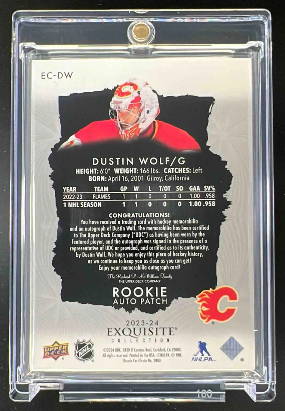2023-24 Exquisite Collection Rookie Patch #EC-DW Dustin Wolf Autograph Auto /32 - Image 2