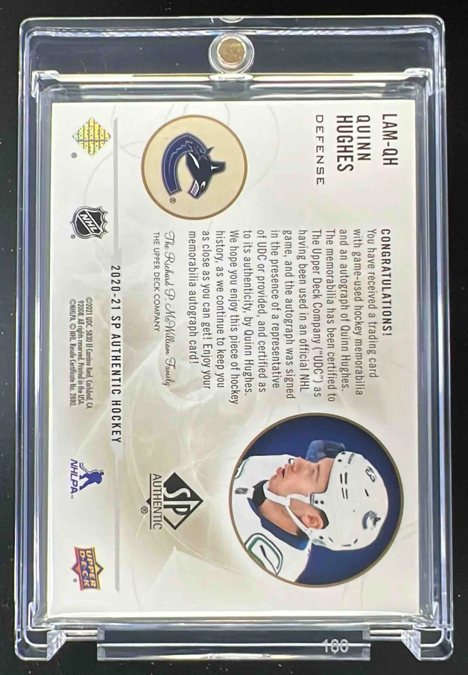 2020 SP Authentic Limited Auto Material #LAM-QH Quinn Hughes Autograph Auto /25 - Image 2