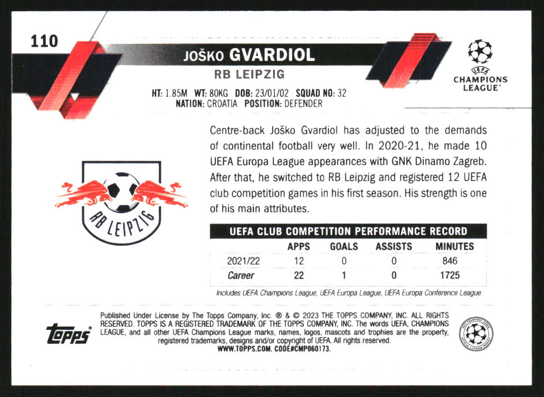 2022-23 Topps Chrome UEFA Club Competitions Gold Lava #110 Josko Gvardiol - Image 2