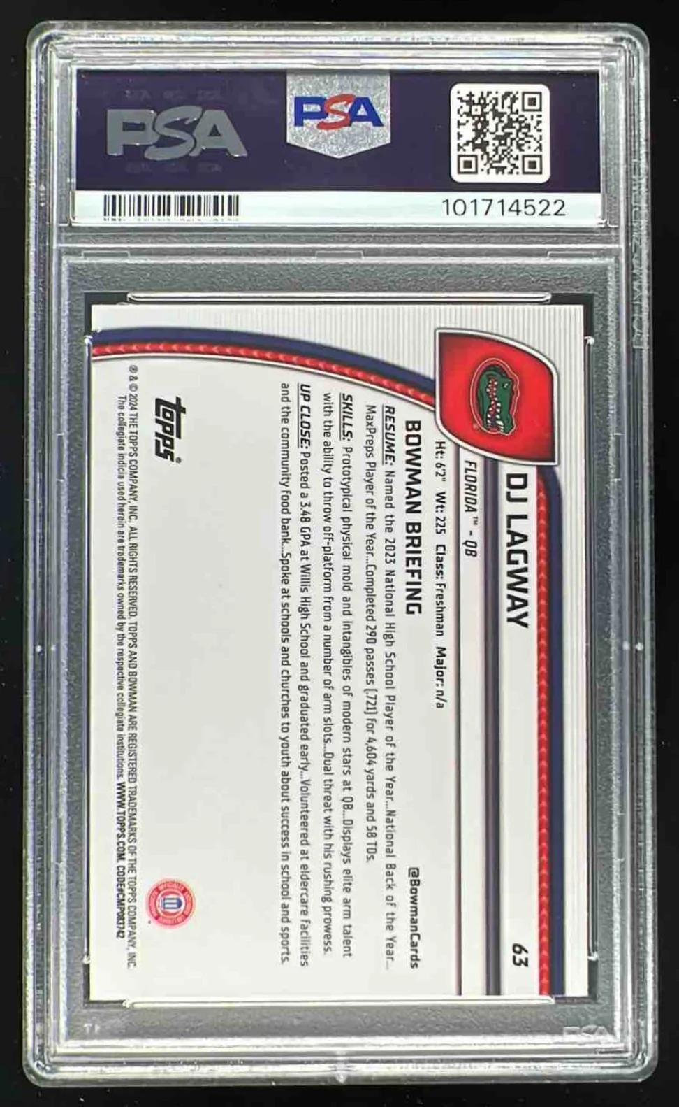 2024 Bowman Chrome University #63 DJ Lagway RC PSA 10 - Image 2