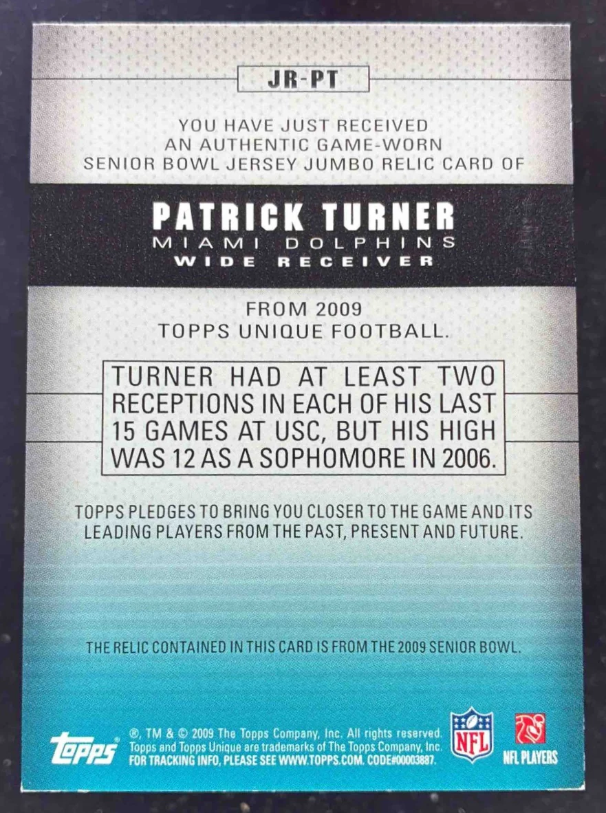 2009 Topps Unique Jumbo Relic Patch #PT Patrick Turner RC /20 - Image 2