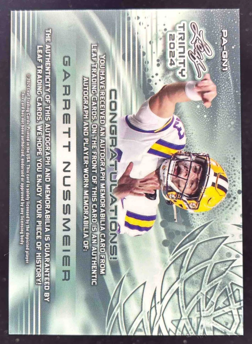 2024 Leaf Trinity Patch Autograph Bronze #PA-GN1 Garrett Nussmeier Auto /99 - Image 2