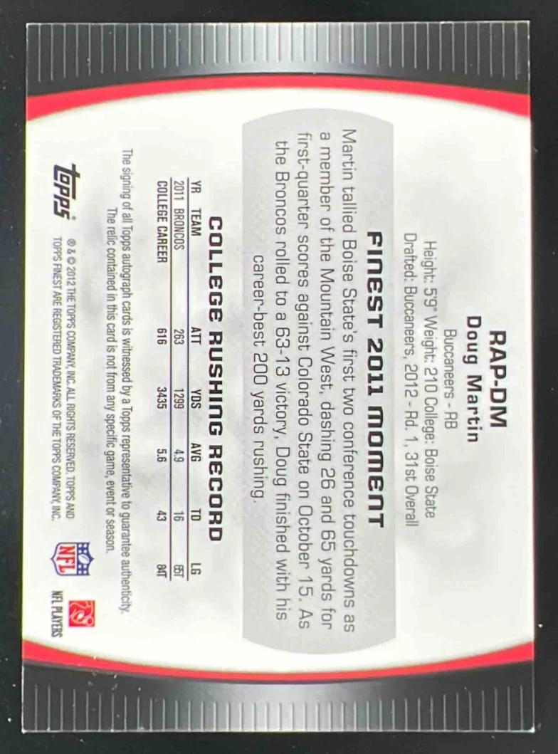 2012 Topps Finest Rookie Patch Pulsar Refractors #RAP-DM Doug Martin RC Auto - Image 2