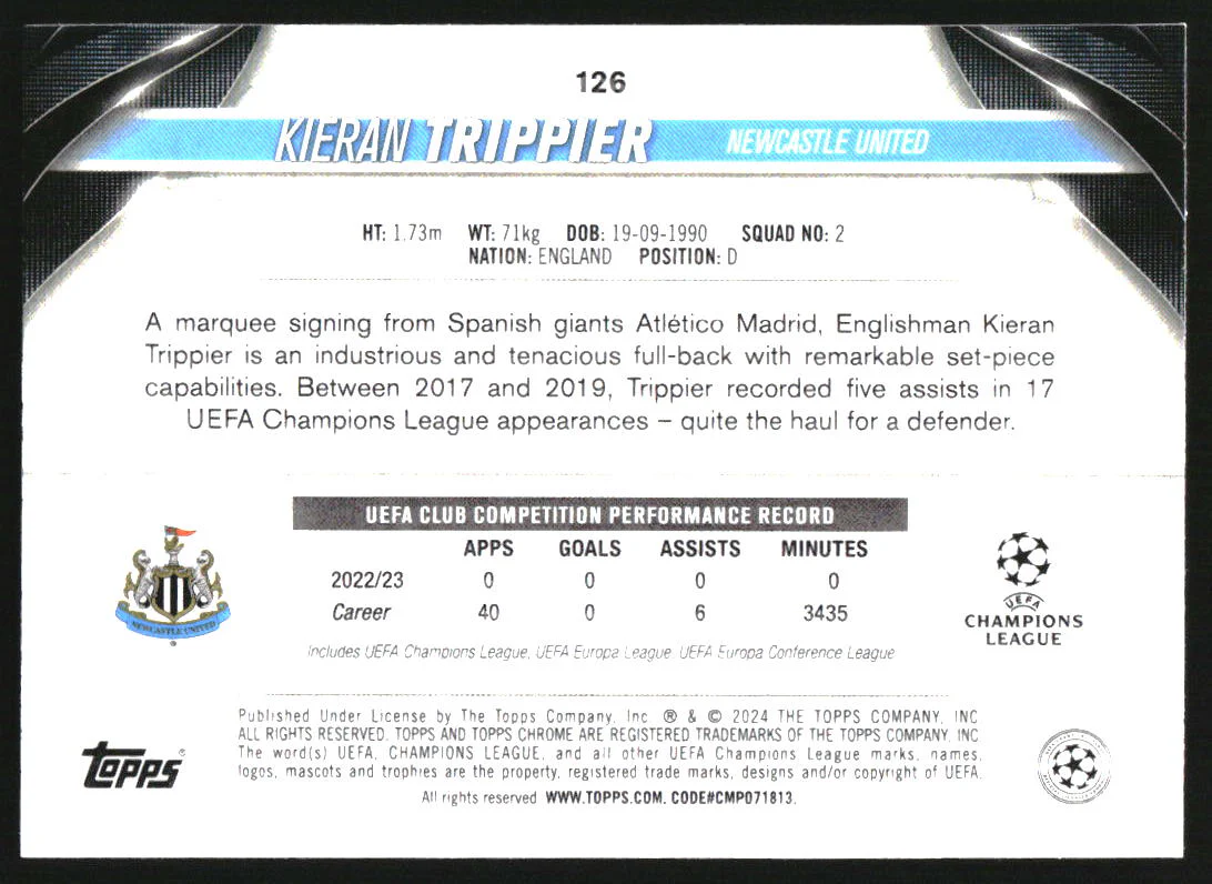 2023-24 Topps Chrome UEFA Orange Refractors #126 Kieran Trippier /25 - Image 2