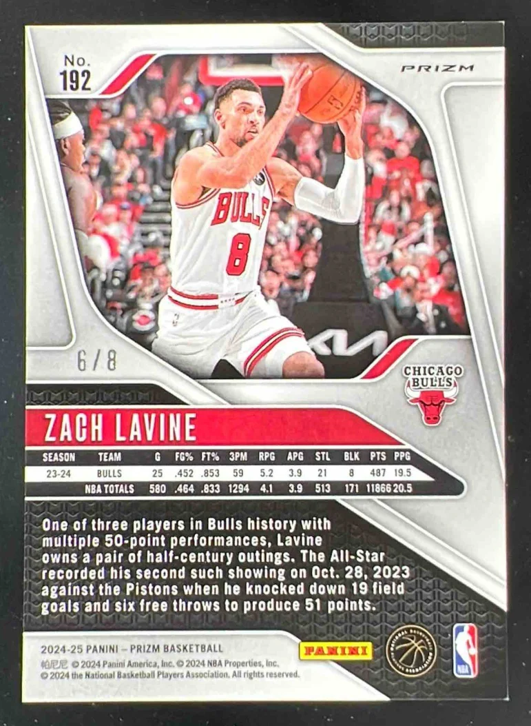 2024-25 Panini Prizm Plum Blossom Prizm #192 Zach LaVine /8 - Image 2