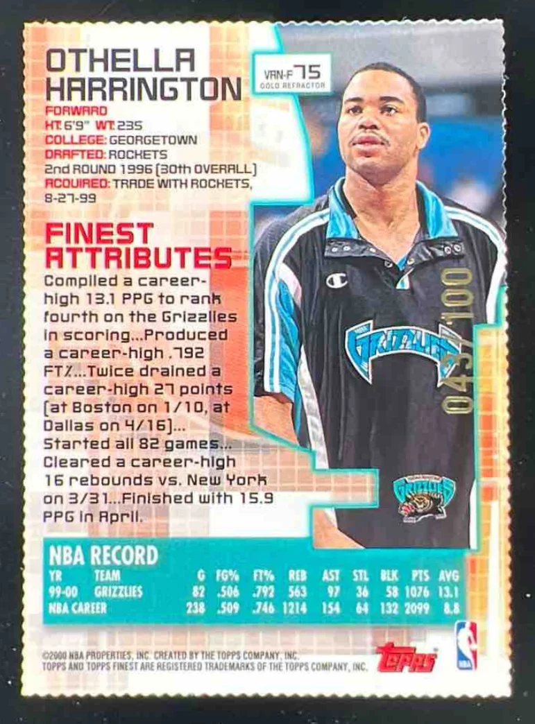 2000-01 Topps Finest Gold Refractors #75 Othella Harrington /100 - Image 2