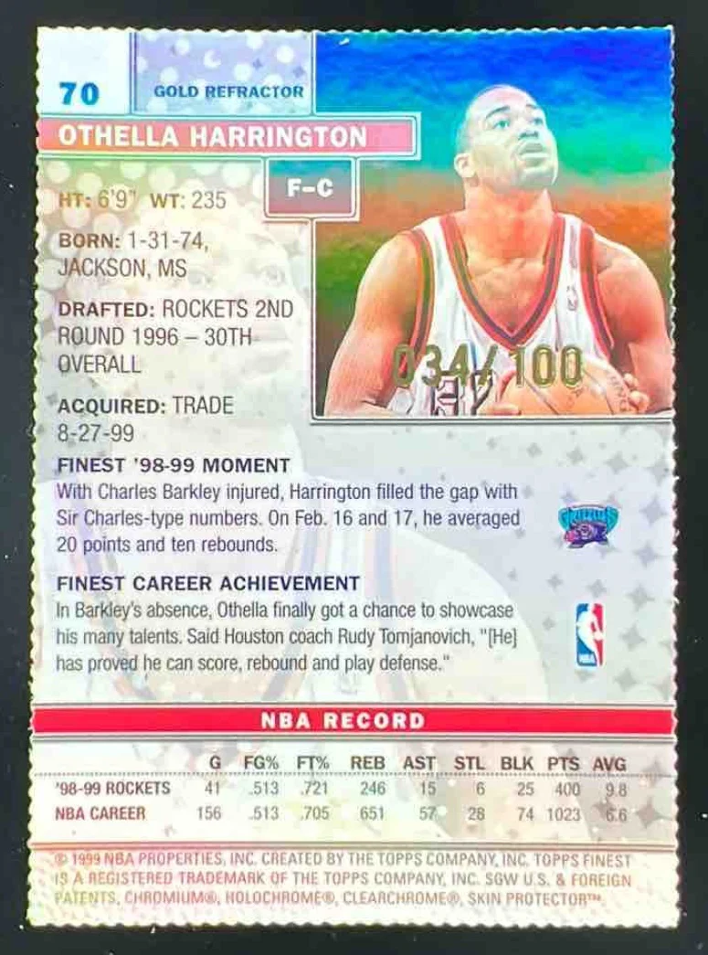 1999-00 Topps Finest Gold Refractors #70 Othella Harrington /100 - Image 2