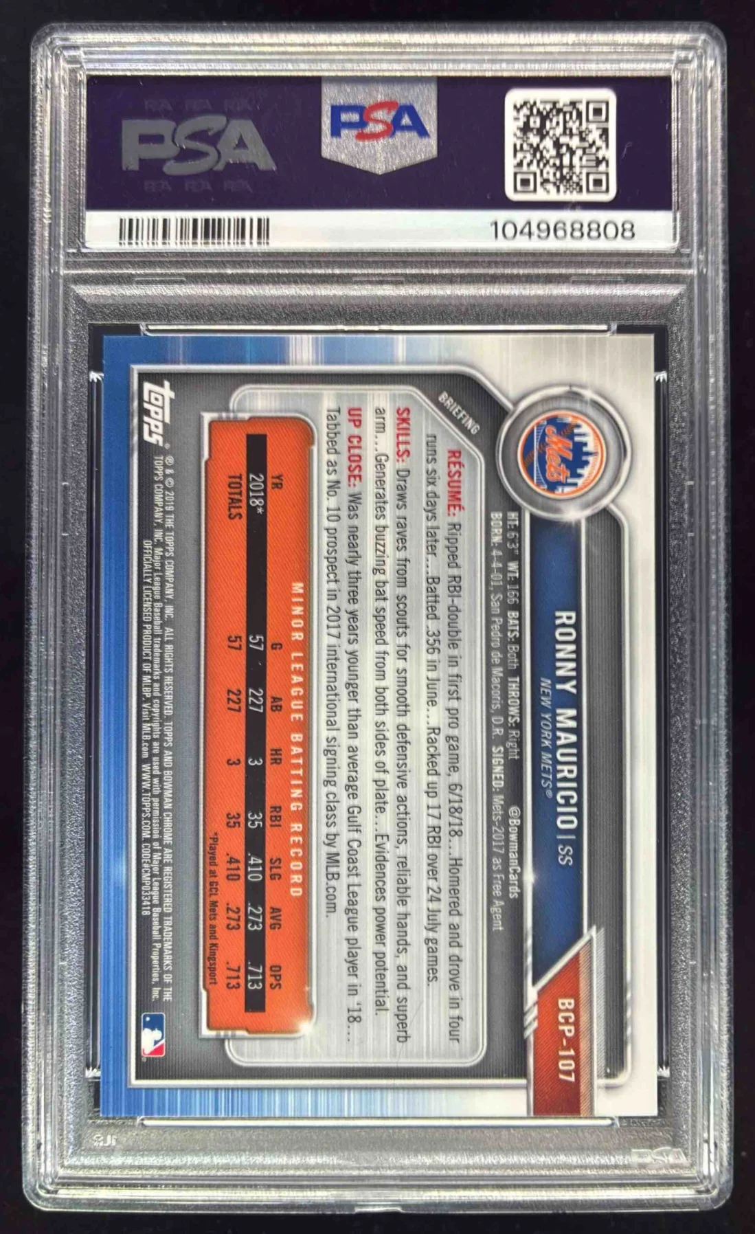 2019 Bowman Chrome Mega Box Mojo Green #BCP-107 Ronny Mauricio /99 PSA 10 - Image 2