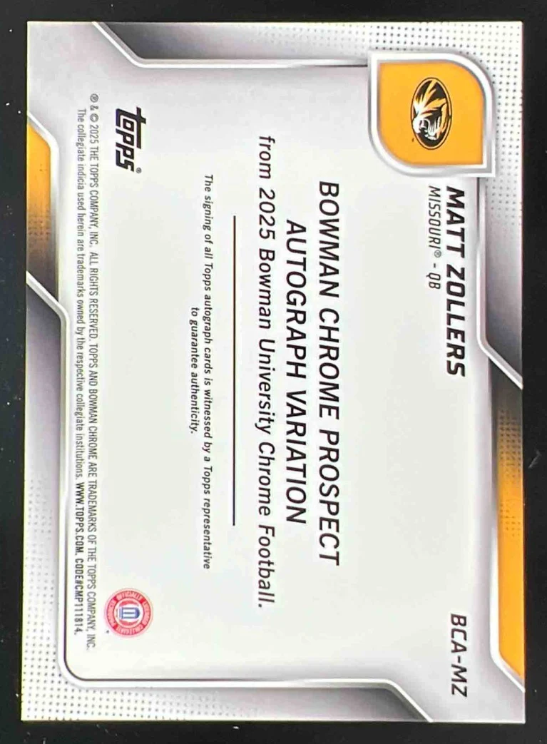 2025 Bowman Chrome University Autograph #BCA-MZ Matt Zollers Auto - Image 2