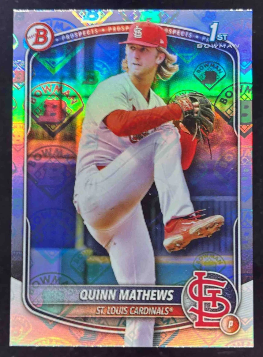 2025 Bowman Prospects Bowman Retro Logo Foil Pattern #BP-25 Quinn Mathews RC