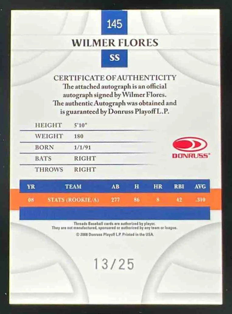 2008 Donruss Threads Signatures Gold #145 Wilmer Flores RC Auto /25 - Image 2