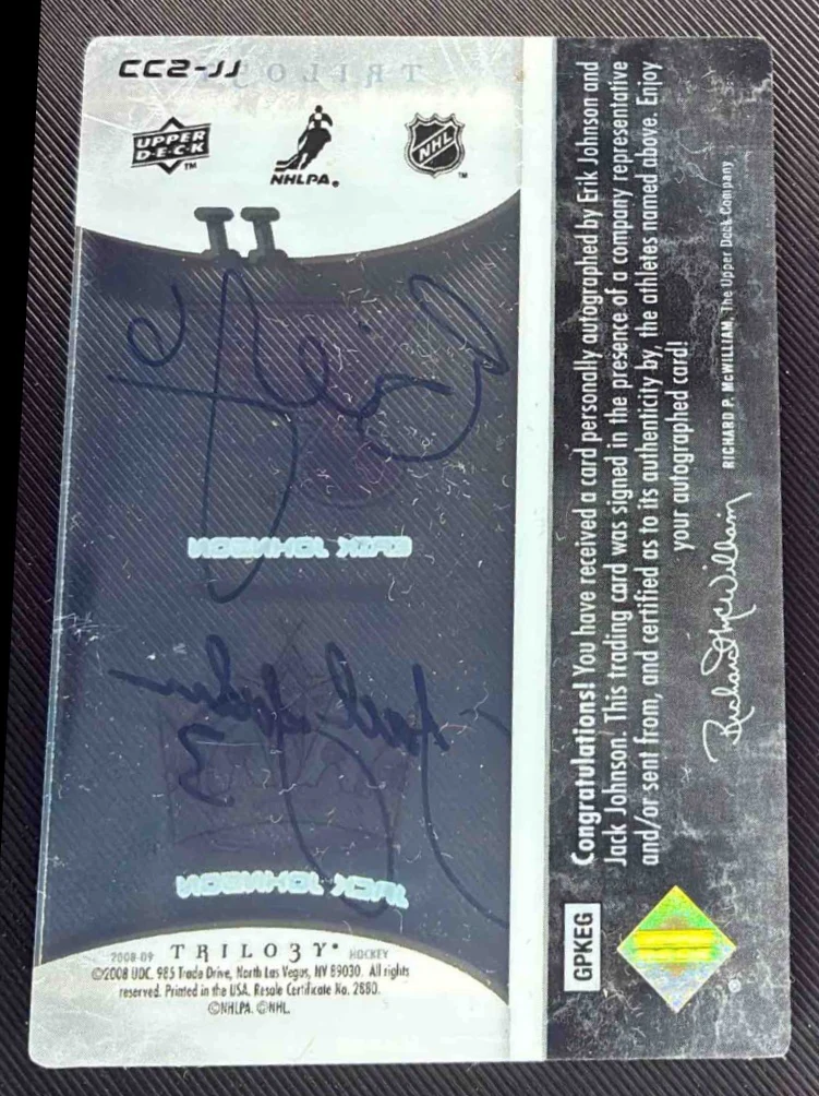 2008-09 UD Trilogy Clearcut Combos #CC2-JJ Erik Johnson Jack Johnson Auto /100 - Image 2